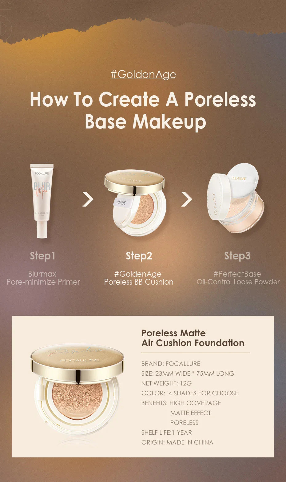 FOCALLURE Poreless BB Air Cushion – Whitening CC Cream Foundation, Waterproof Matte Concealer Makeup