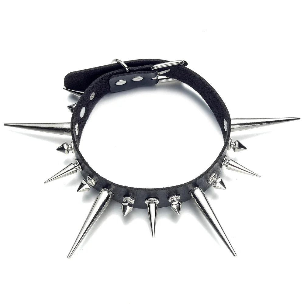 Punk Long Spike Choker – Studded Faux Leather Collar for Men & Women, Goth Rivet Necklace
