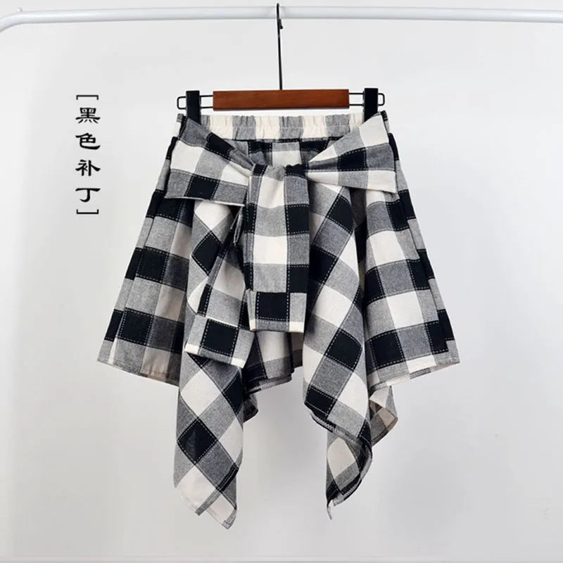 TOTRUST Women’s Fashion Asymmetrical Summer Plaid Mini Skirt – Casual College Style Fake Shirt Design