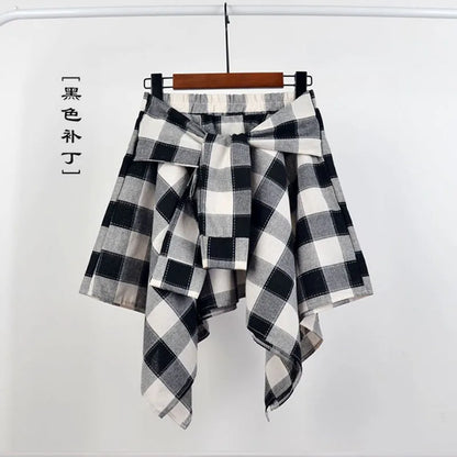 TOTRUST Women’s Fashion Asymmetrical Summer Plaid Mini Skirt – Casual College Style Fake Shirt Design