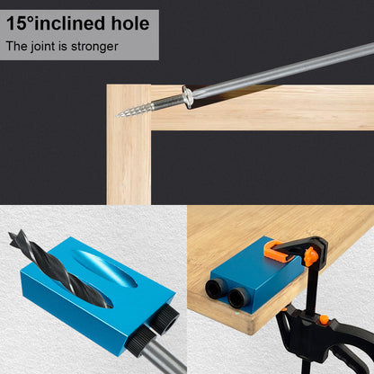 7/14/15PCS Pocket Hole Jig Kit – 15° Woodworking Drilling Guide & Locator with Drill Bit Set