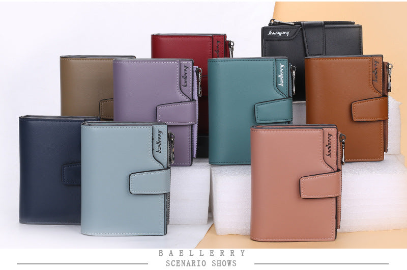 Women’s PU Leather Wallet — Short Hasp Coin & Card Holder, Small Money Bag Clutch in Blue & Red