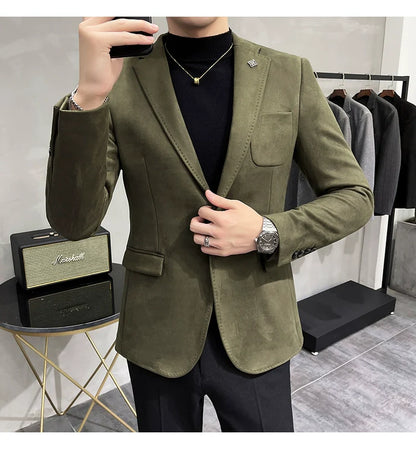 Men's Deerskin Fleece Blazer – Slim Fit Single Button Suit Jacket for Business & Casual Wear