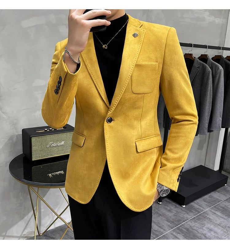 Men's Deerskin Fleece Blazer – Slim Fit Single Button Suit Jacket for Business & Casual Wear