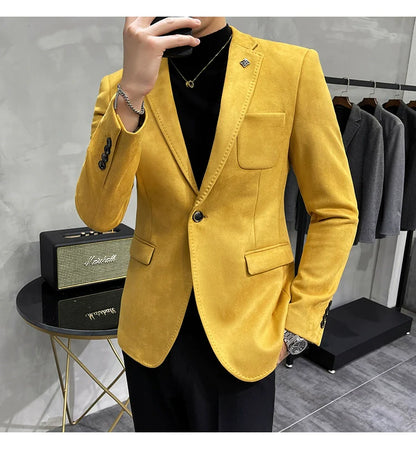 Men's Deerskin Fleece Blazer – Slim Fit Single Button Suit Jacket for Business & Casual Wear