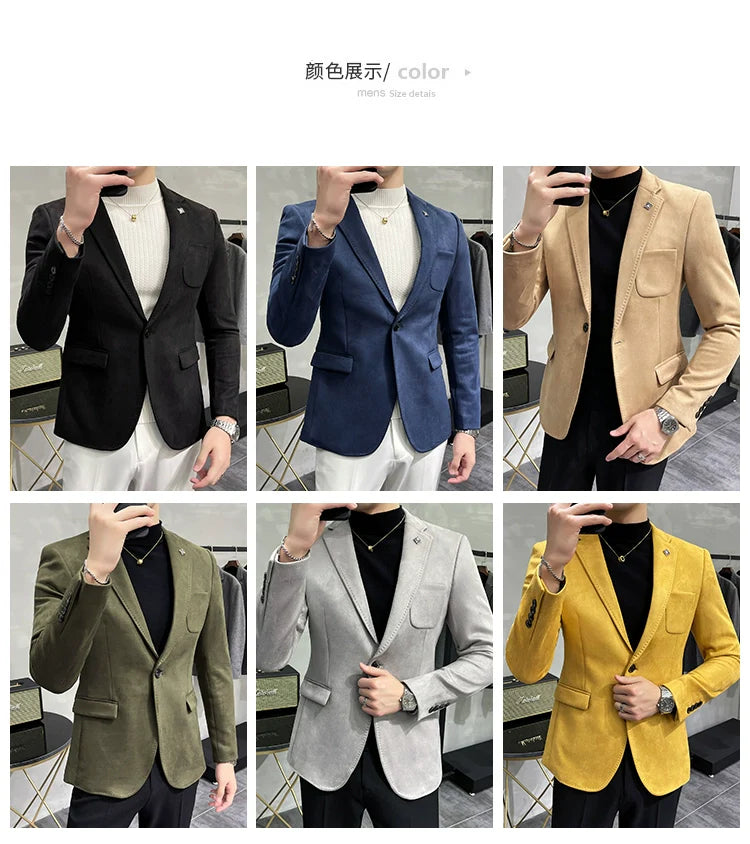 Men's Deerskin Fleece Blazer – Slim Fit Single Button Suit Jacket for Business & Casual Wear