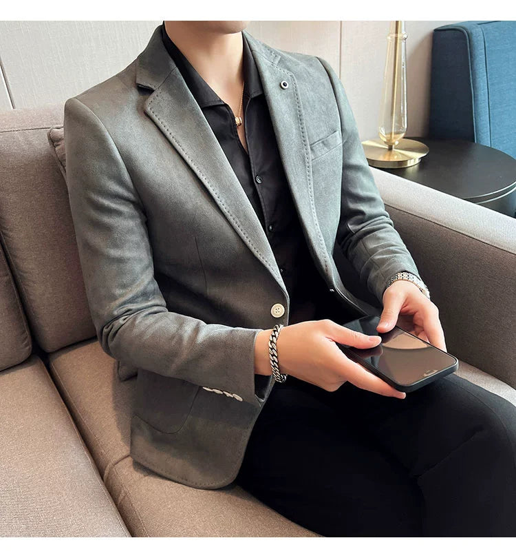 Men’s Slim Fit Deerskin Velvet Blazer – Elegant Luxury Business Casual Wedding Suit Coat (S to 4XL)