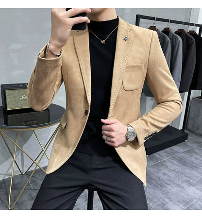 Men's Deerskin Fleece Blazer – Slim Fit Single Button Suit Jacket for Business & Casual Wear