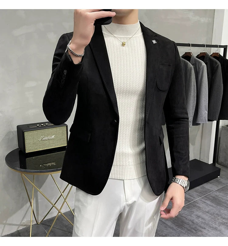 Men's Deerskin Fleece Blazer – Slim Fit Single Button Suit Jacket for Business & Casual Wear