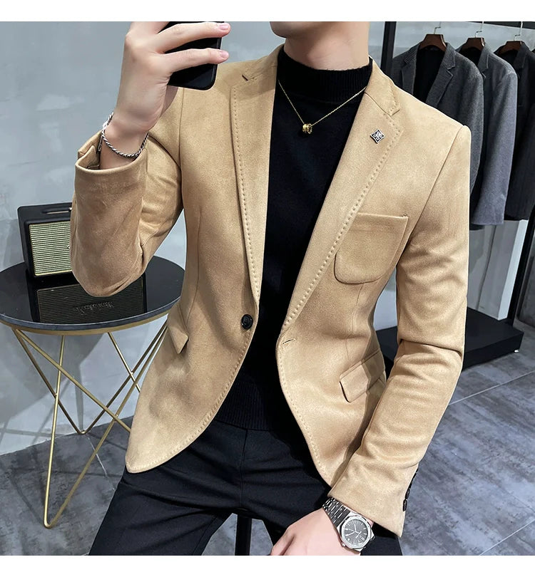 Men's Deerskin Fleece Blazer – Slim Fit Single Button Suit Jacket for Business & Casual Wear