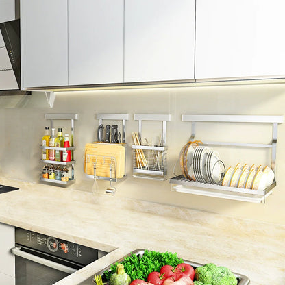 Wall-Mounted 304 Stainless Steel Kitchen Rack – Punch-Free Spice Organizer with Knife Holder & Condiment Storage