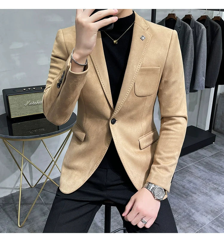 Men's Deerskin Fleece Blazer – Slim Fit Single Button Suit Jacket for Business & Casual Wear