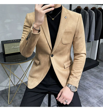 Men's Deerskin Fleece Blazer – Slim Fit Single Button Suit Jacket for Business & Casual Wear