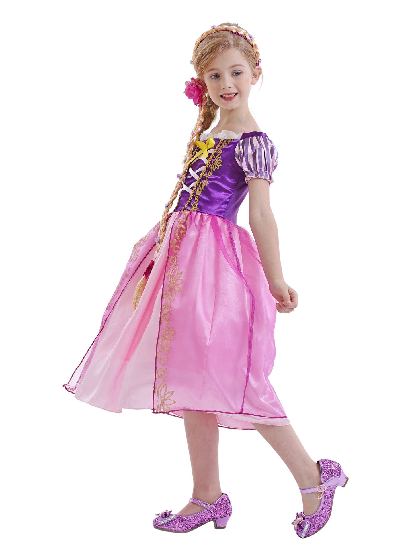 Disney Rapunzel Princess Dress - Purple Puff Sleeve Tangled Cosplay Costume for Girls, Halloween & Birthday Ball Gown