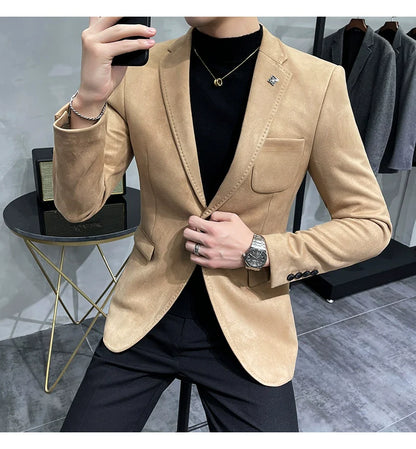 Men's Deerskin Fleece Blazer – Slim Fit Single Button Suit Jacket for Business & Casual Wear
