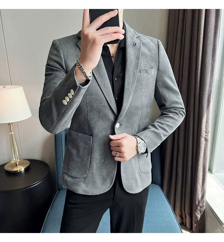 Men’s Slim Fit Deerskin Velvet Blazer – Elegant Luxury Business Casual Wedding Suit Coat (S to 4XL)