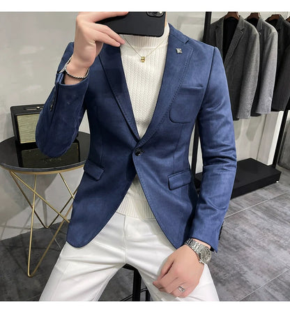 Men's Deerskin Fleece Blazer – Slim Fit Single Button Suit Jacket for Business & Casual Wear