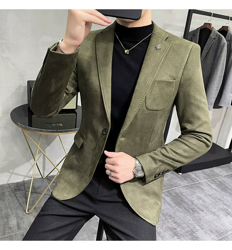 Men's Deerskin Fleece Blazer – Slim Fit Single Button Suit Jacket for Business & Casual Wear