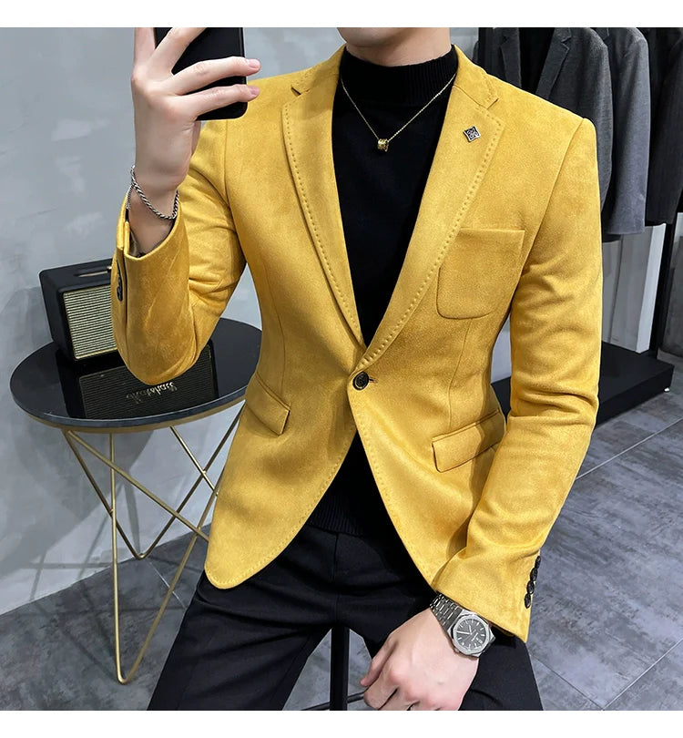 Men's Deerskin Fleece Blazer – Slim Fit Single Button Suit Jacket for Business & Casual Wear