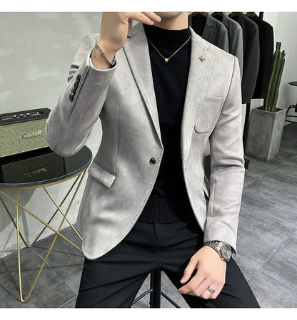 Men's Deerskin Fleece Blazer – Slim Fit Single Button Suit Jacket for Business & Casual Wear