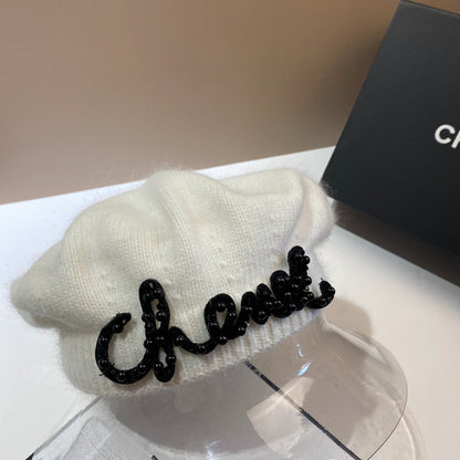 Luxury Fashion Letter Pearl Angora Fur Beret – Women's French Painter Hat, Warm Knitted Octagonal Walking Cap