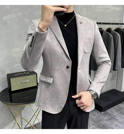 Men's Deerskin Fleece Blazer – Slim Fit Single Button Suit Jacket for Business & Casual Wear