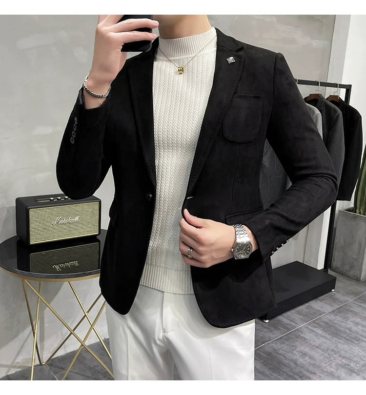 Men's Deerskin Fleece Blazer – Slim Fit Single Button Suit Jacket for Business & Casual Wear