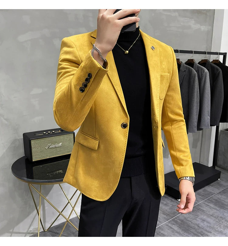 Men's Deerskin Fleece Blazer – Slim Fit Single Button Suit Jacket for Business & Casual Wear