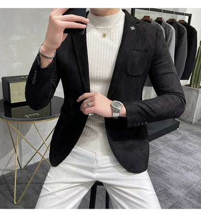 Men's Deerskin Fleece Blazer – Slim Fit Single Button Suit Jacket for Business & Casual Wear