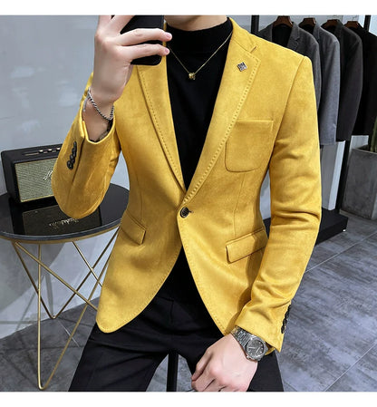 Men's Deerskin Fleece Blazer – Slim Fit Single Button Suit Jacket for Business & Casual Wear