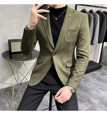 Men's Deerskin Fleece Blazer – Slim Fit Single Button Suit Jacket for Business & Casual Wear