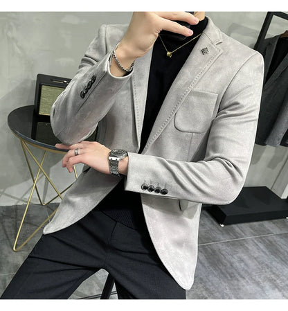 Men's Deerskin Fleece Blazer – Slim Fit Single Button Suit Jacket for Business & Casual Wear