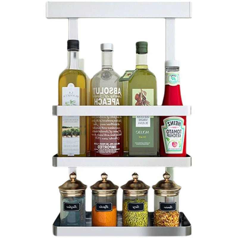 Wall-Mounted 304 Stainless Steel Kitchen Rack – Punch-Free Spice Organizer with Knife Holder & Condiment Storage