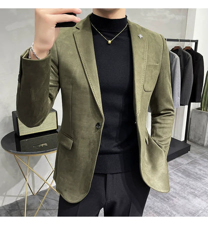 Men's Deerskin Fleece Blazer – Slim Fit Single Button Suit Jacket for Business & Casual Wear