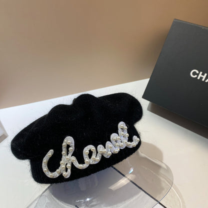 Luxury Fashion Letter Pearl Angora Fur Beret – Women's French Painter Hat, Warm Knitted Octagonal Walking Cap