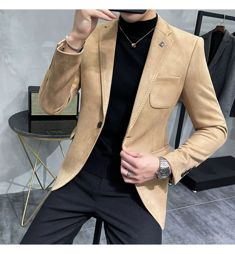 Men's Deerskin Fleece Blazer – Slim Fit Single Button Suit Jacket for Business & Casual Wear