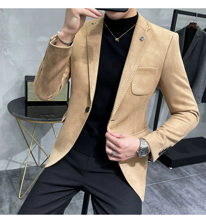 Men's Deerskin Fleece Blazer – Slim Fit Single Button Suit Jacket for Business & Casual Wear