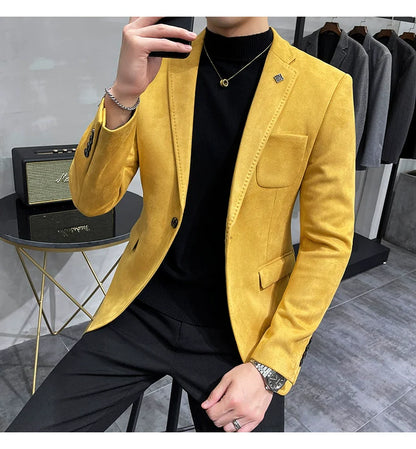 Men's Deerskin Fleece Blazer – Slim Fit Single Button Suit Jacket for Business & Casual Wear