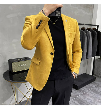 Men's Deerskin Fleece Blazer – Slim Fit Single Button Suit Jacket for Business & Casual Wear