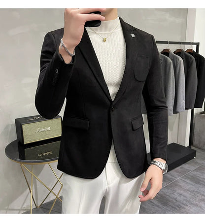 Men's Deerskin Fleece Blazer – Slim Fit Single Button Suit Jacket for Business & Casual Wear