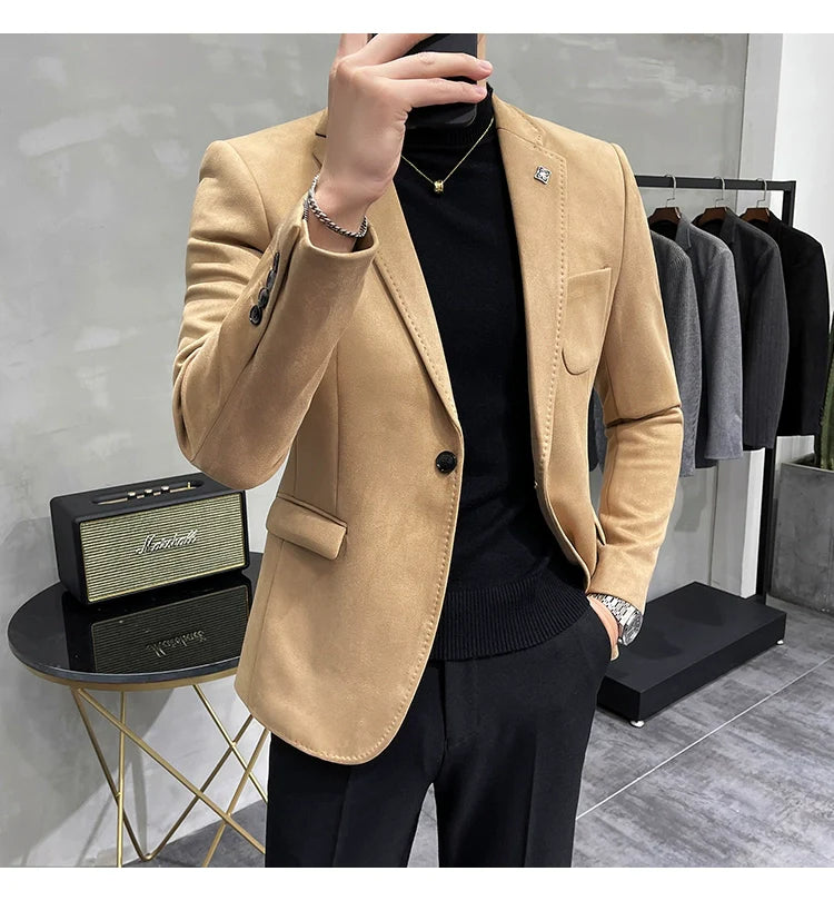 Men's Deerskin Fleece Blazer – Slim Fit Single Button Suit Jacket for Business & Casual Wear