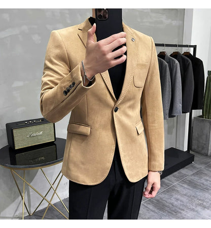 Men's Deerskin Fleece Blazer – Slim Fit Single Button Suit Jacket for Business & Casual Wear