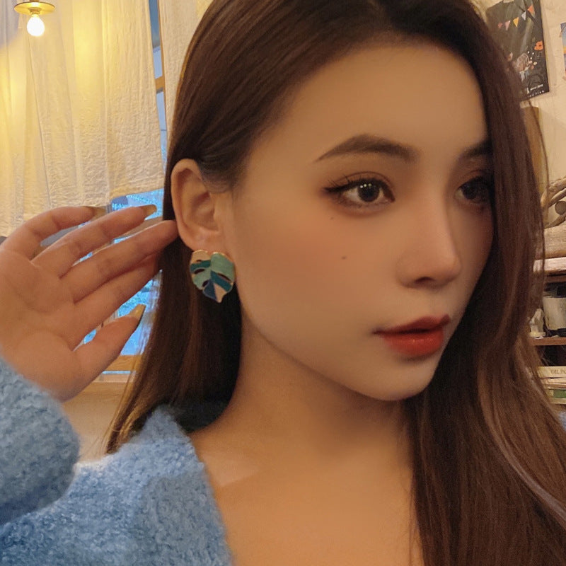 925 Silver Leaf Earrings for Women – Modern Geometric Green & White Trendy Jewelry Gift