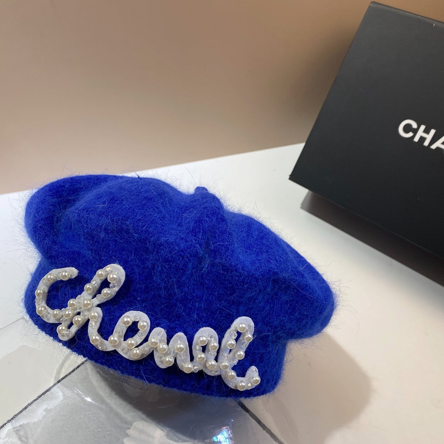 Luxury Fashion Letter Pearl Angora Fur Beret – Women's French Painter Hat, Warm Knitted Octagonal Walking Cap