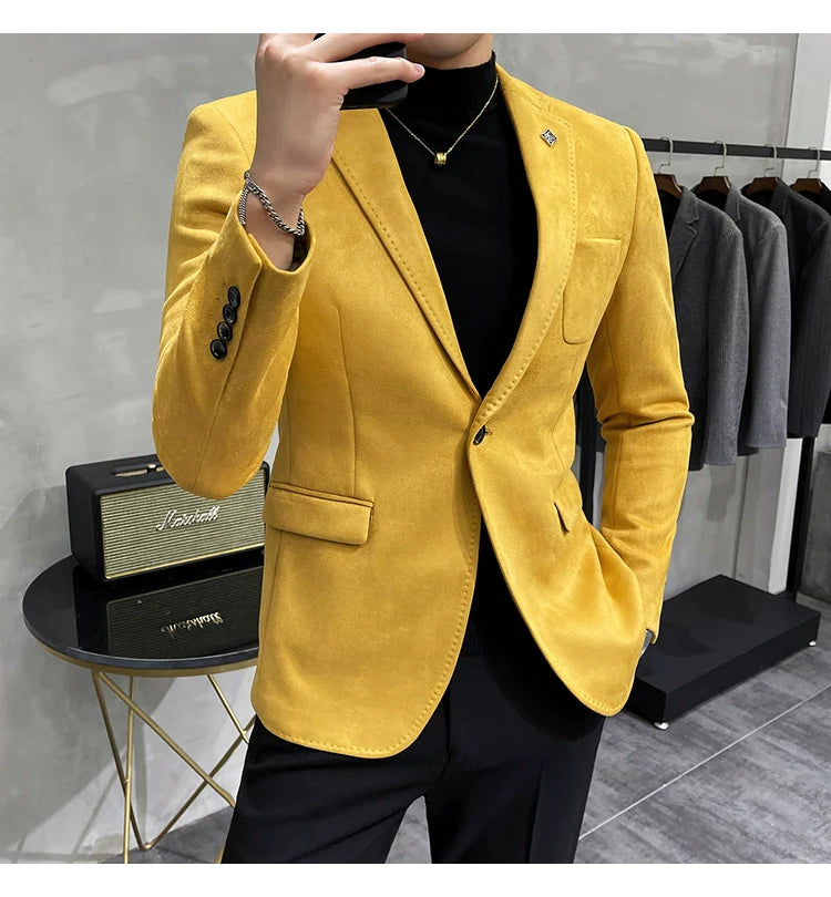 Men's Deerskin Fleece Blazer – Slim Fit Single Button Suit Jacket for Business & Casual Wear