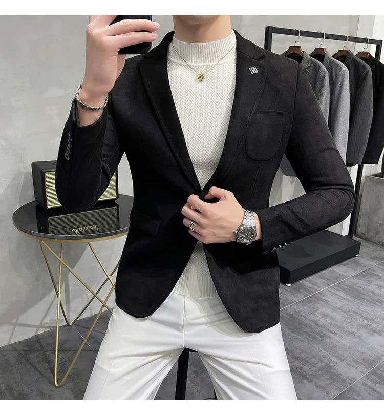 Men's Deerskin Fleece Blazer – Slim Fit Single Button Suit Jacket for Business & Casual Wear