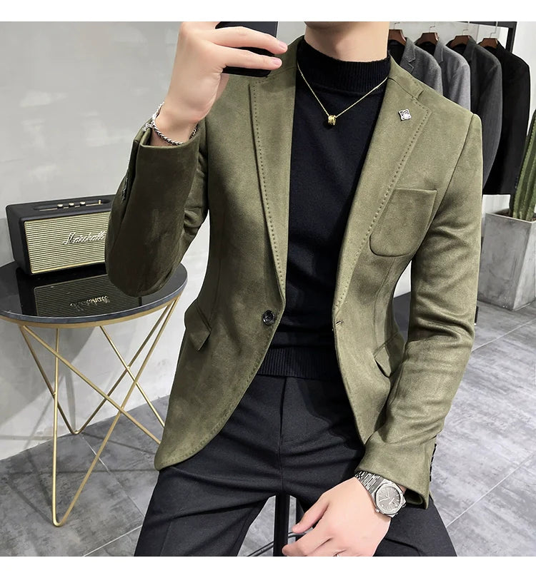 Men's Deerskin Fleece Blazer – Slim Fit Single Button Suit Jacket for Business & Casual Wear