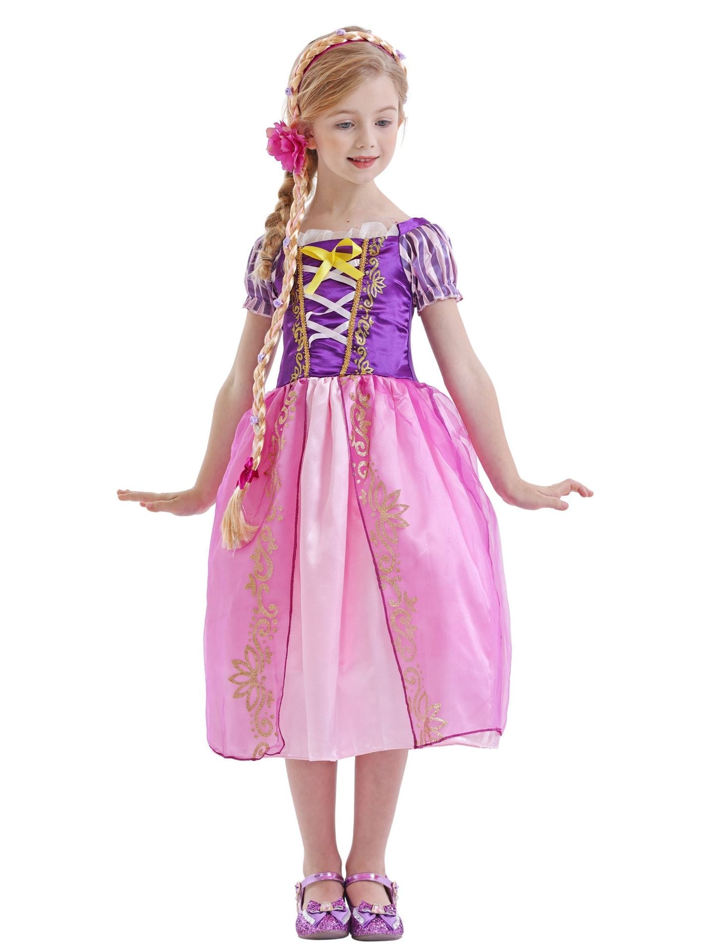 Disney Rapunzel Princess Dress - Purple Puff Sleeve Tangled Cosplay Costume for Girls, Halloween & Birthday Ball Gown
