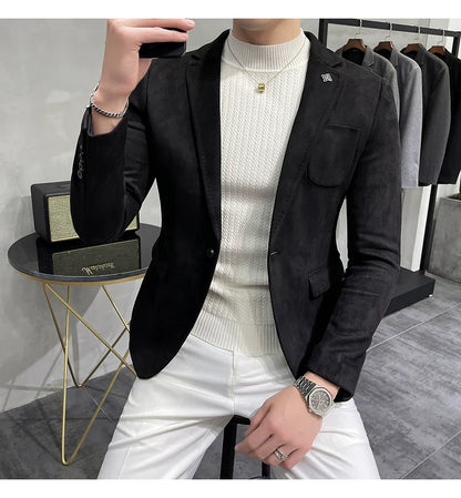 Men's Deerskin Fleece Blazer – Slim Fit Single Button Suit Jacket for Business & Casual Wear