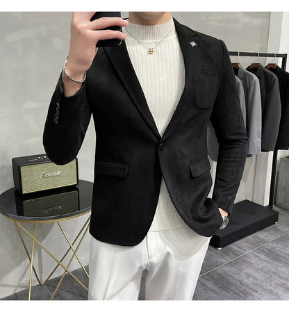 Men's Deerskin Fleece Blazer – Slim Fit Single Button Suit Jacket for Business & Casual Wear